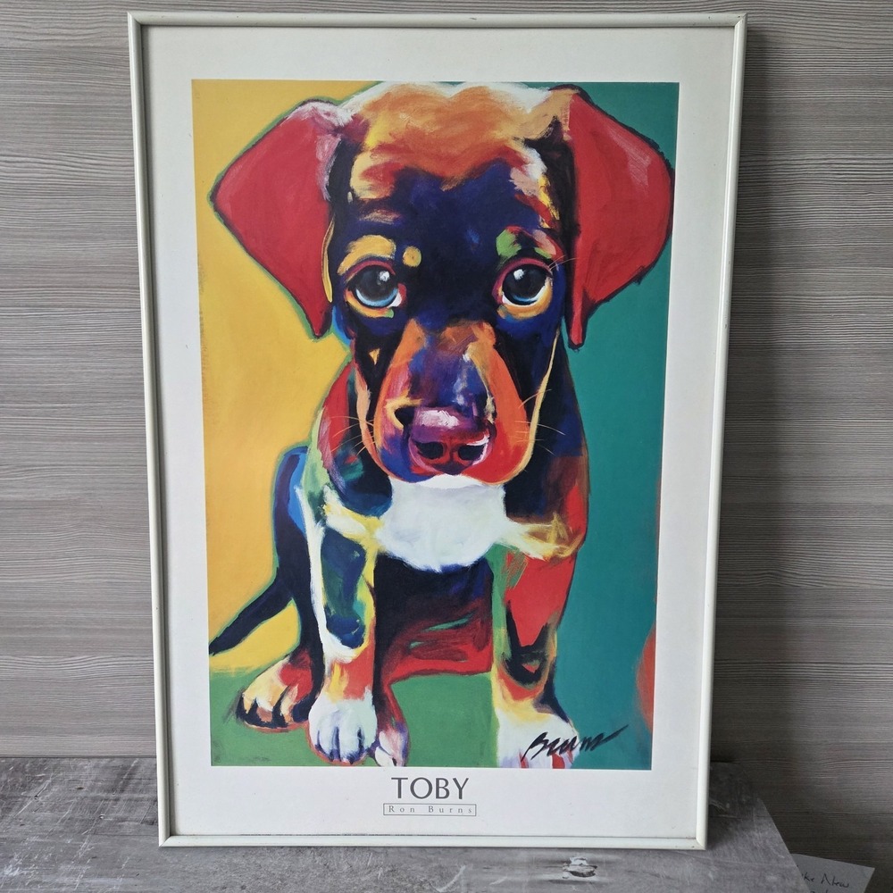 Ron Burns Pop Art Print Toby Dog Framed 24x17 Colorful Puppy Woven Wire Back